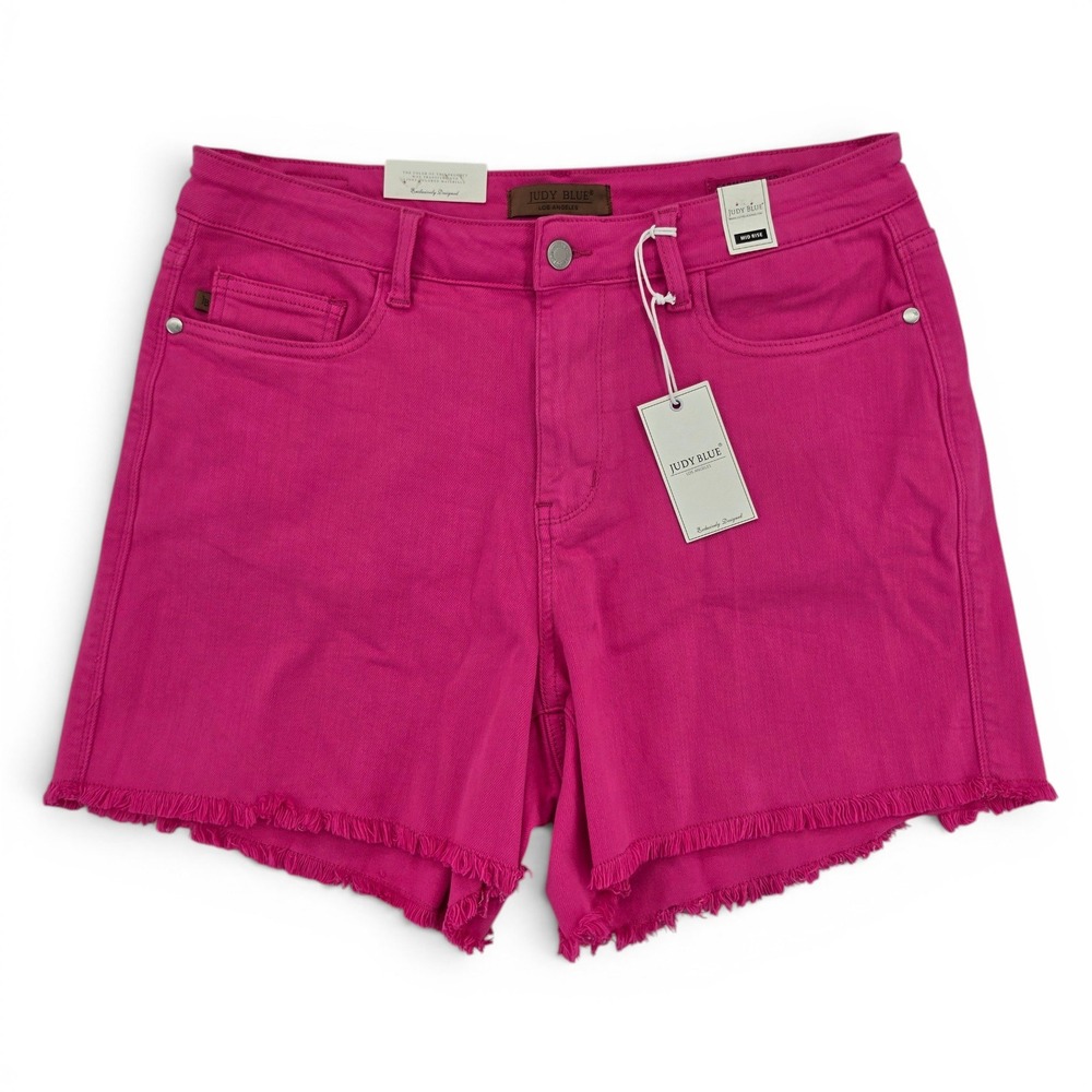 Judy Blue 1X Pink Mid Rise Frayed Hem Stretch Denim Shorts Plus Size NWT